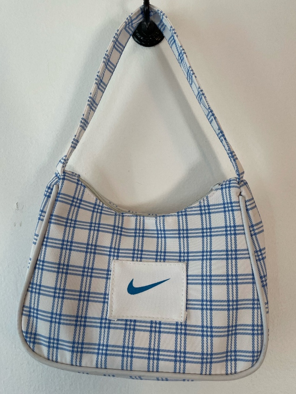 Nike white and blue plaid baguette zipper bag